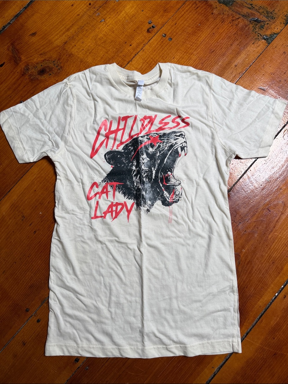 Childless Cat Lady Graphic Tee - Cream with Black & Red Print
